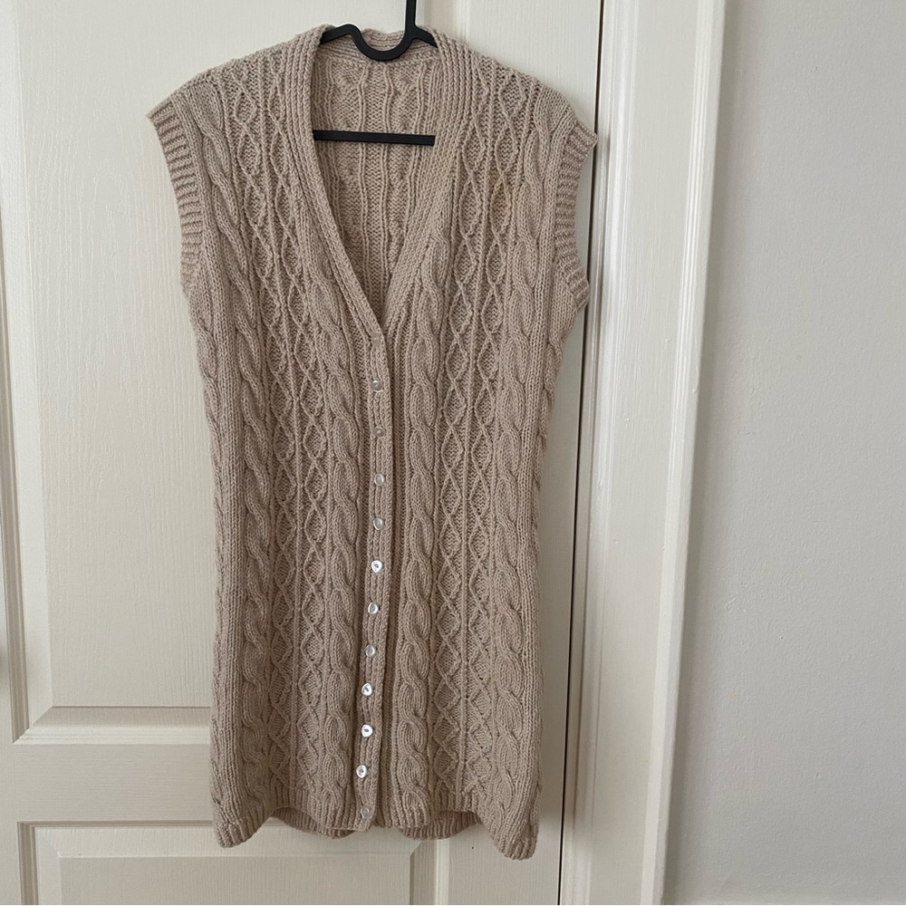 New Hand Knitted Beige Wool Cable Knit V-neck Button Down Long Sweater Vest S